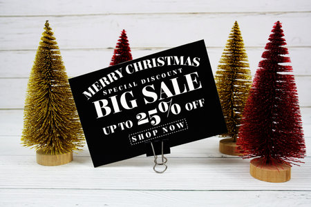 Festive display with small decorative Christmas trees with "Special Offer Merry Christmas Big Sale up to 25% off, Promotion Holiday Sale Eventの写真素材