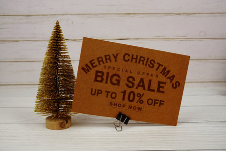Festive display with small decorative Christmas trees with "Special Offer Merry Christmas Big Sale up to 10% off, Promotion Holiday Sale Eventの写真素材