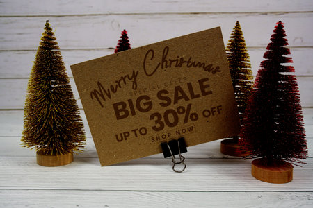 Festive display with small decorative Christmas trees with "Special Offer Merry Christmas Big Sale up to 30% off, Promotion Holiday Sale Eventの写真素材