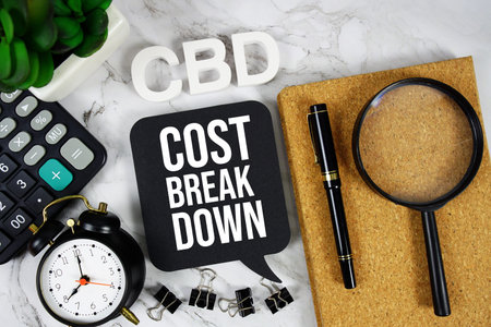 CBD - Cost Break Down acronym with calculator, alarm clock and magnifying glass, business concept...