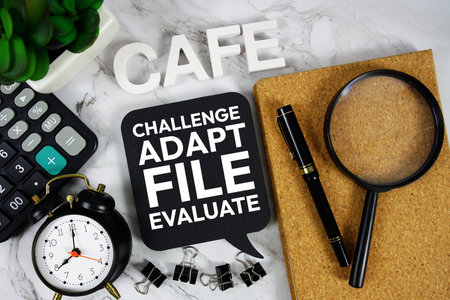 CAFE - Challenge, Adapt, File, Evaluate acronym with calculator, alarm clock and magnifying glass,...