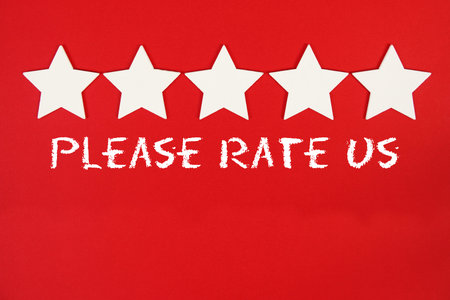 Please Rate Us text with five star on red background