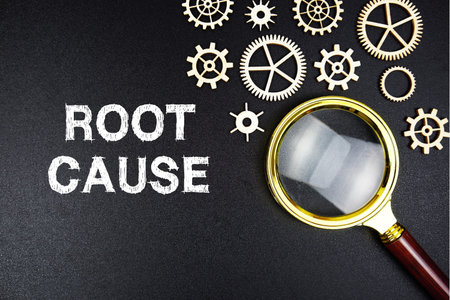 Root Cause text message with magnifying glass on black backgroundの写真素材