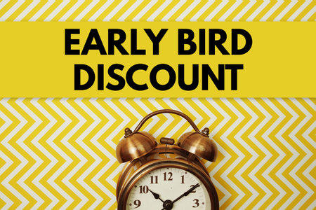 Early Bird Discount text with alarm clock on yellow background