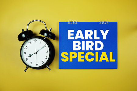 Early Bird Discount text with alarm clock on yellow background