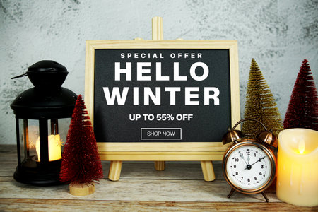 Hello Winter Sale 55% off Promotion Offer Discount Retail Shopping Conceptの写真素材