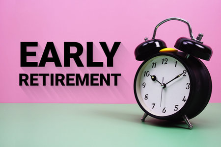 Black alarm clock on a pastel green and pink background with the text Early Retirement