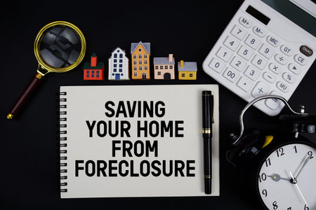 Notepad with the phrase Saving Your Home From Foreclosure surrounded by a pen, calculator,...