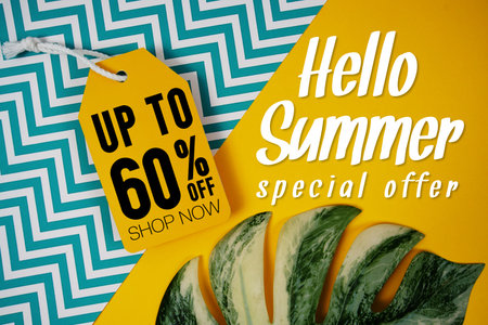 Hello Summer Sale 60% with Price tag and summer decorations on yellow background