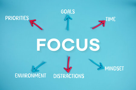 word FOCUS on cards with colorful arrows pointing toward it on blue background