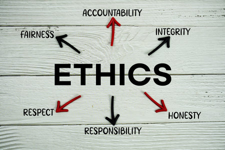 word ETHICS on cards with colorful arrows pointing toward it, highlighting the concept of...