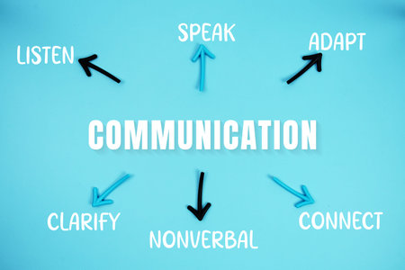 word COMMUNICATION on cards with colorful arrows pointing toward it on blue background