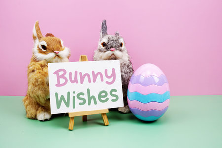 Bunny Wishes text with rabbit and egg on pink and green background