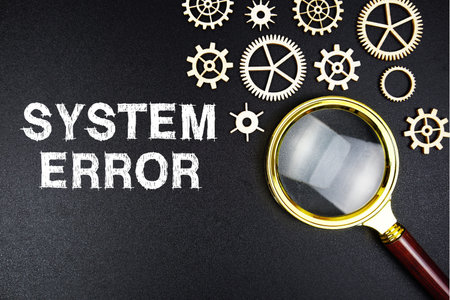 System Error text message with magnifying glass on black background
