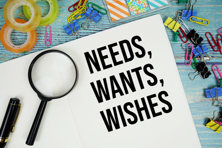 Needs, Wants, Wishes text on a paper surrounded by office supplies and magnifying glass on a blue...