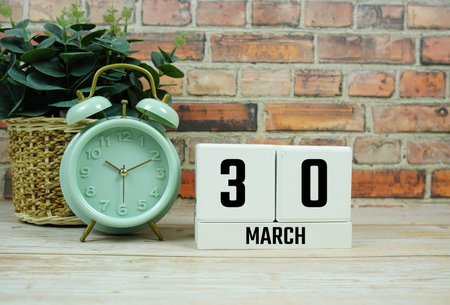 Wooden Calendar Showing the Date of March 30th. Day 30 of March month