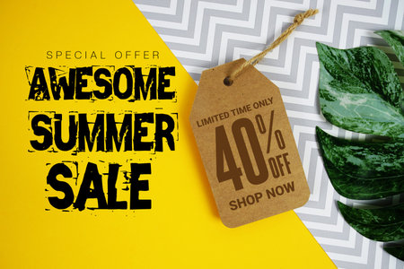 Awesome Summer Deals 40% with Price tag and summer decorations on yellow background