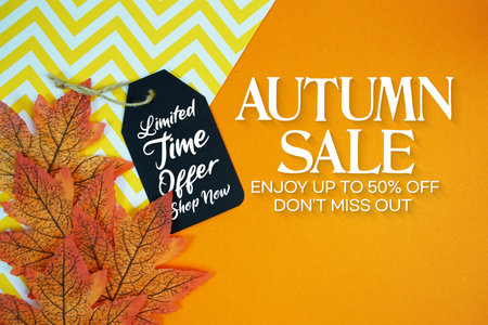 Autumn Sale 50% Off and Limited Time offer with Price Tag on orange background