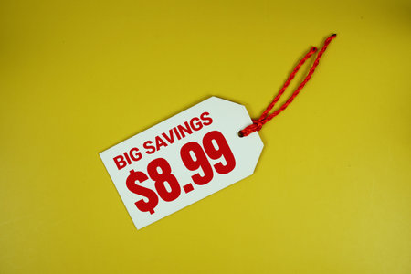 Big Savings $8.99 text message on price tag top view on yellow background, business and promotion concep