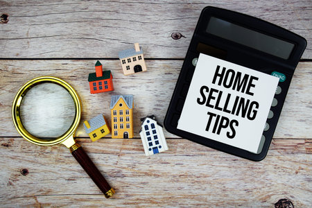 Home Selling Tips text with house model, calculator and magnifying glass on wooden background