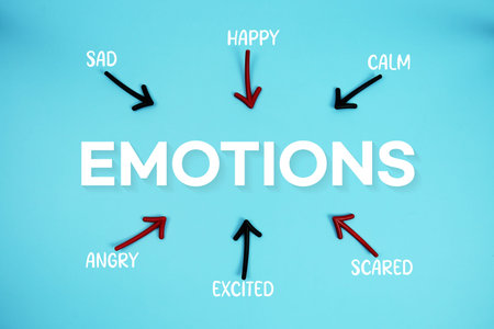 word EMOTIONS on cards with colorful arrows pointing toward it on blue background