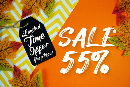 Autumn Sale 55% Off and Limited Time offer with Price Tag on orange background