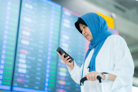 An Asian Muslim wearing a blue hijab is preparing for a vacation and she is at the airport, looking at the Flight Departure board.の写真素材