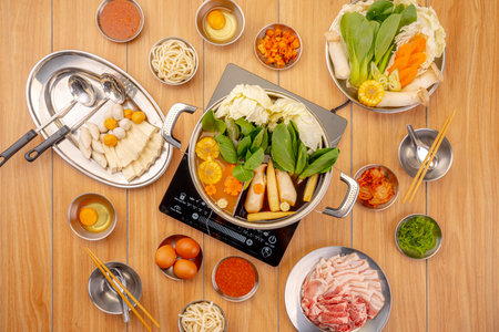 Top view of shabu hotpot set shabu of hotpot japanese hotpot styleの写真素材