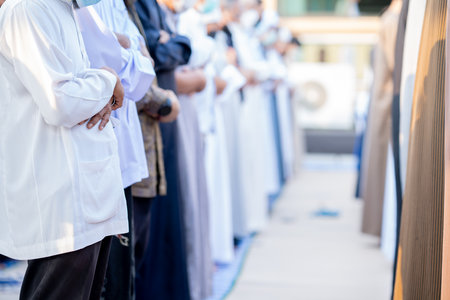 Many Muslims, children, women, and men pray and celebrate Eid al-Fitr which marks the end of the month of Ramadan, they are happy, in Thailand.の写真素材