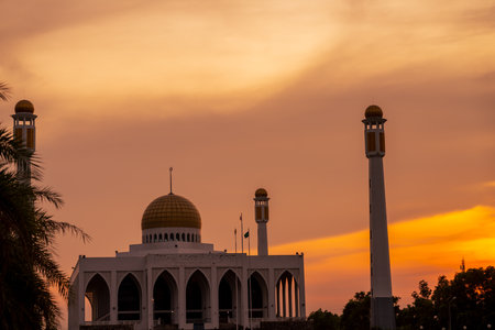 The landscape of beautiful sunset sky at Central Mosque, Songkhla province, Thailand, letter translated The Central Mosque Songkhla.の写真素材