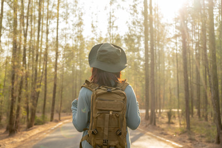 Young Asian girl with a backpack and hat hiking in the mountains during the summer season, a traveler walking in the forest. Travel, adventure, and journey concept.の写真素材