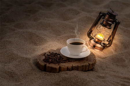 Coffee cup and coffee beans on the sand with a lantern.の写真素材