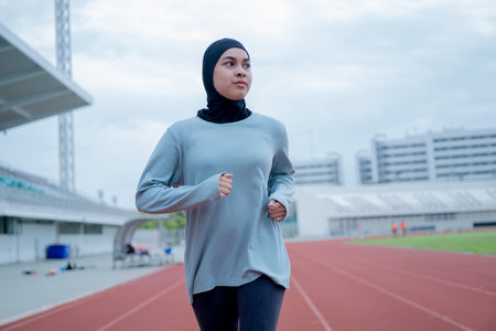 A young asian Muslim woman wearing a black hijab is exercising and running at an outdoor stadium in the morning. Modern Muslim woman concept,  Muslim woman sport concept, Islamの写真素材