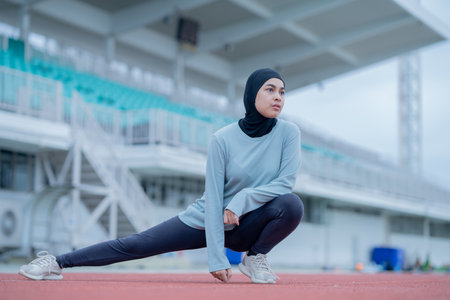 A young asian Muslim woman wearing a black hijab is exercising and running at an outdoor stadium in the morning. Modern Muslim woman concept,  Muslim woman sport concept, Islamの写真素材
