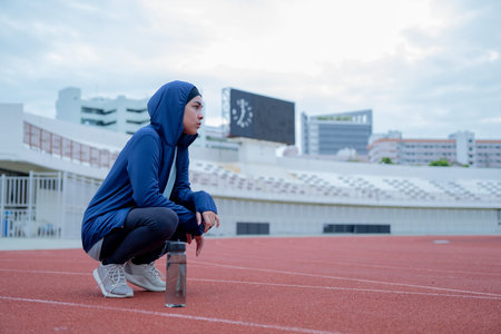 A young asian muslim woman wearing a black hijab is doing exercise and resting tired at the outdoor...