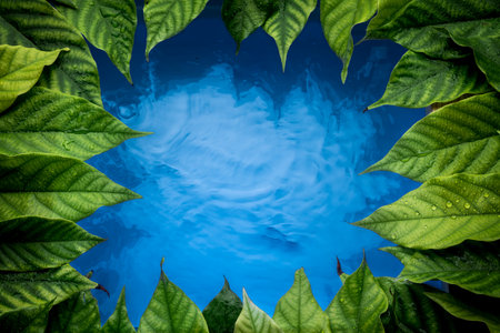 Green leaves and blue water background with copy space for your text.の写真素材