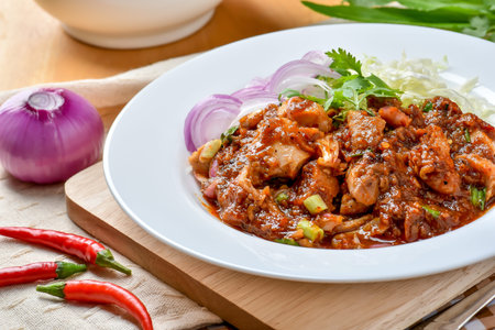 Thai food, Spicy fried pork with chili on wooden background