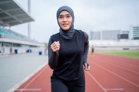 A young asian Muslim woman wearing a black hijab is exercising and running at an outdoor stadium in the morning. Modern Muslim woman concept, Muslim woman sport concept, Islamの写真素材