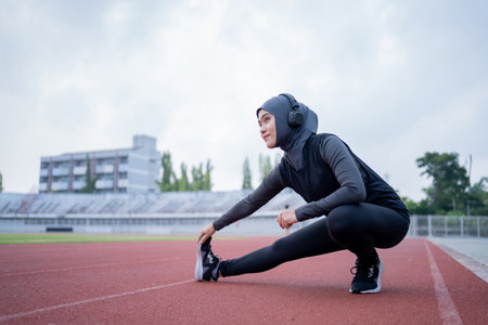 A young asian Muslim woman wearing a black hijab is exercising and running at an outdoor stadium in the morning. Modern Muslim woman concept, Muslim woman sport concept, Islamの写真素材