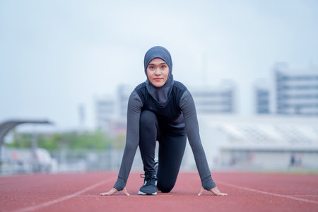 A young asian Muslim woman wearing a black hijab is exercising and running at an outdoor stadium in the morning. Modern Muslim woman concept, Muslim woman sport concept, Islamの写真素材