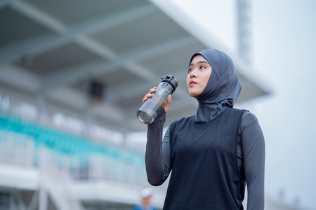 A young asian Muslim woman wearing a black hijab is exercising and running at an outdoor stadium in the morning. Modern Muslim woman concept, Muslim woman sport concept, Islamの写真素材