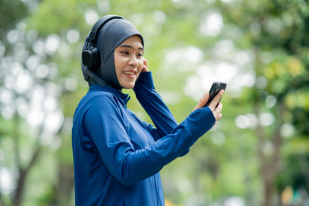 muslim woman listening to music with headphones and mobile phone in the park
