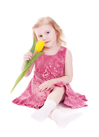 girl with tulip isolated on whiteの写真素材