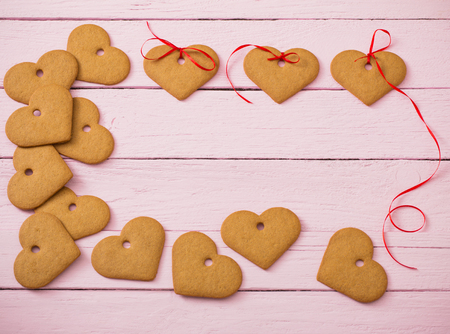 cookies heart on wooden backgroundの写真素材