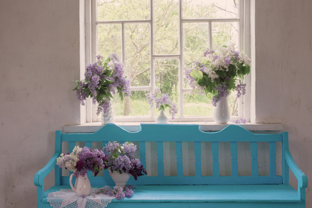blue bench with lilac indoorの写真素材