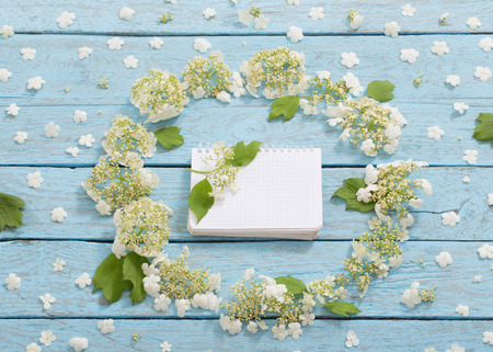 beautiful composition with a notebook and white flowers on a blue wooden backgroundの写真素材