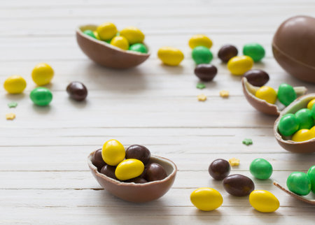 Chocolate Easter Eggs Over Wooden Background
