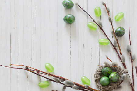 Easter eggs and willow branches on a white backgroundの写真素材