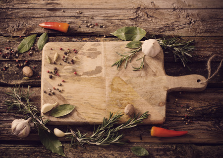 herbs and spices on a wooden backgroundの写真素材