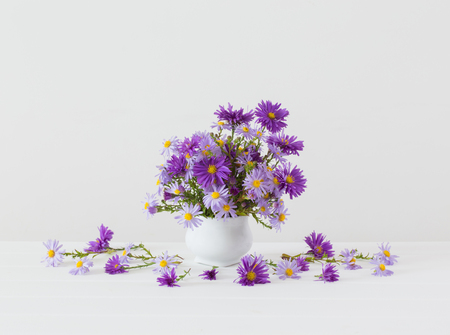 flowers in a ceramic vase on a white backgroundの写真素材
